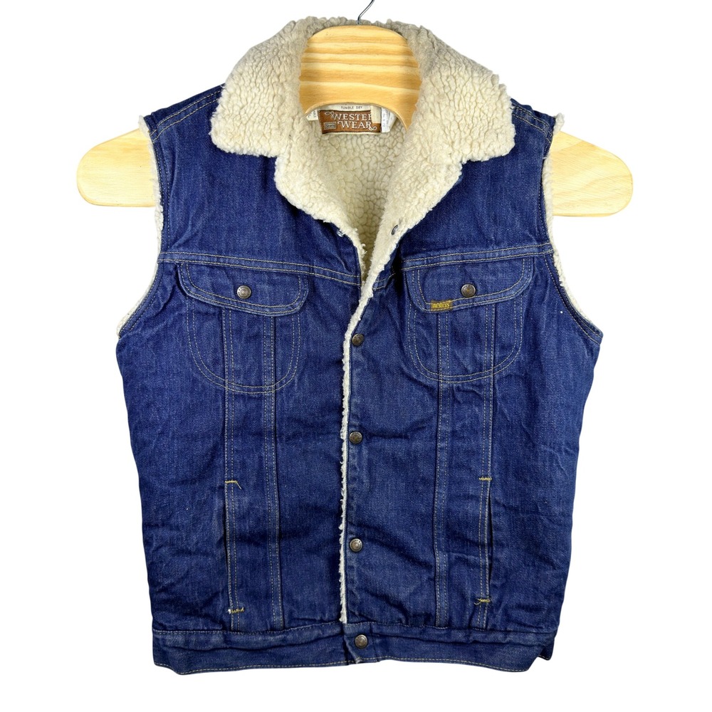 VINTAGE 80s Roebucks Sears Western Wear Sherpa Denim Vest Mens 40 (M)‎ USA Made
